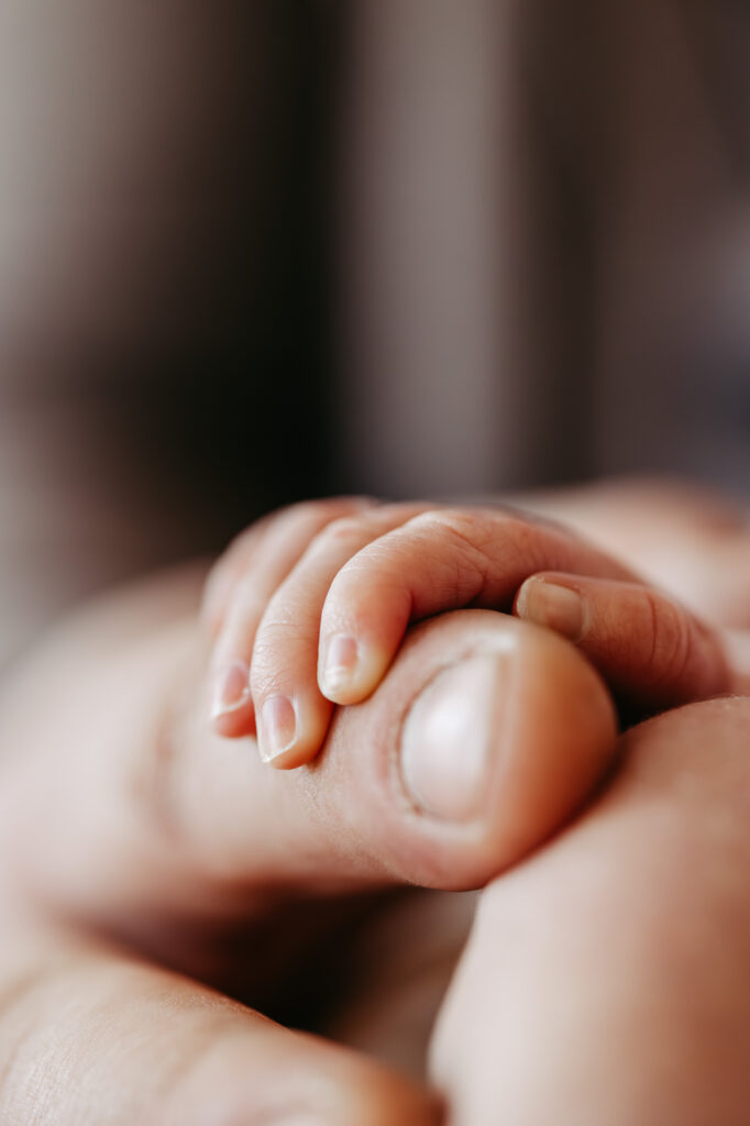 Detail: Die winzige Hand des Babys umschließt den Finger eines Elternteils